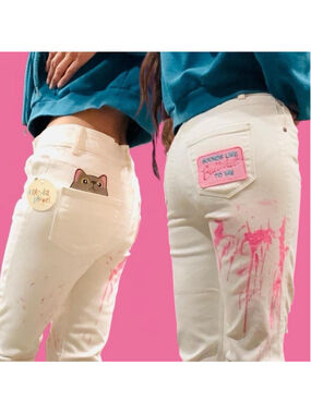 Upcycled White Crop Jeans Girls 7/8 Adult XXS Cat Lover Pink Paint Splatter OOAK